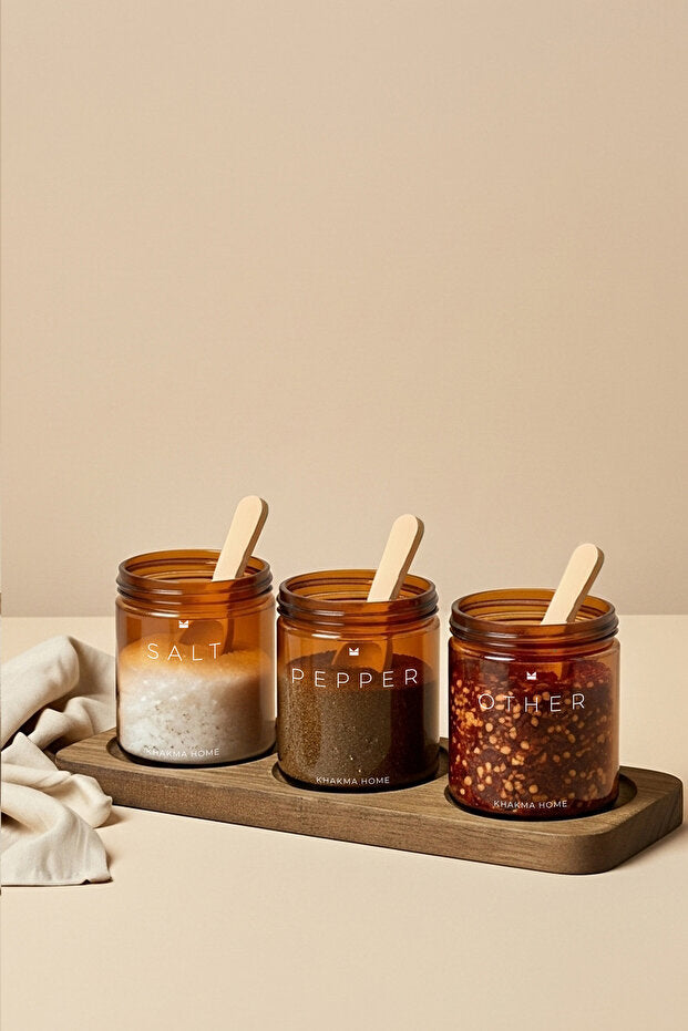 Amber Glass Spice Jar 3 Piece Set with Wooden Stand