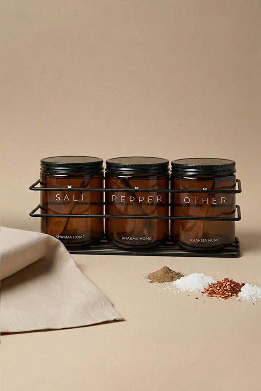 Amber Glass Spice Jar 3 Piece Set with Metal Stand