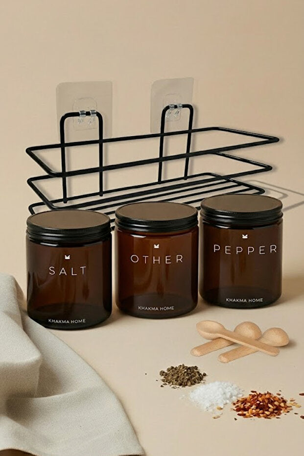 Amber Glass Spice Jar 3 Piece Set with Metal Stand