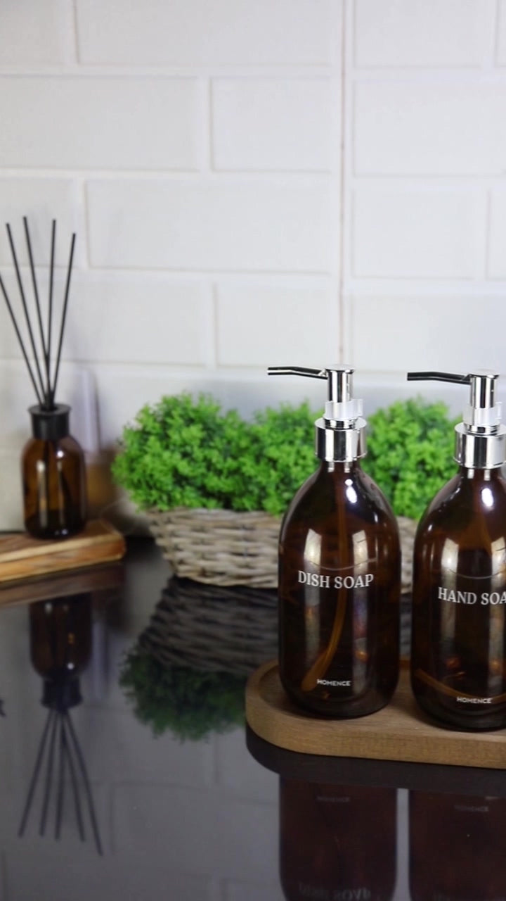 Soap Dispenser Set with Wooden Stand - Silver