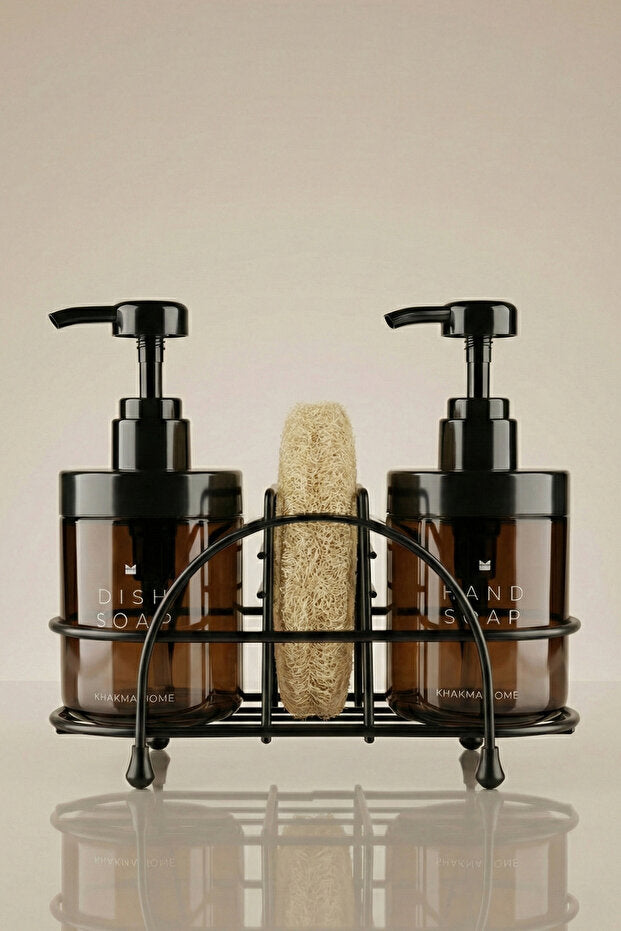 Amber 2 Piece Glass Soap Dish Set – with Black Metal Stand