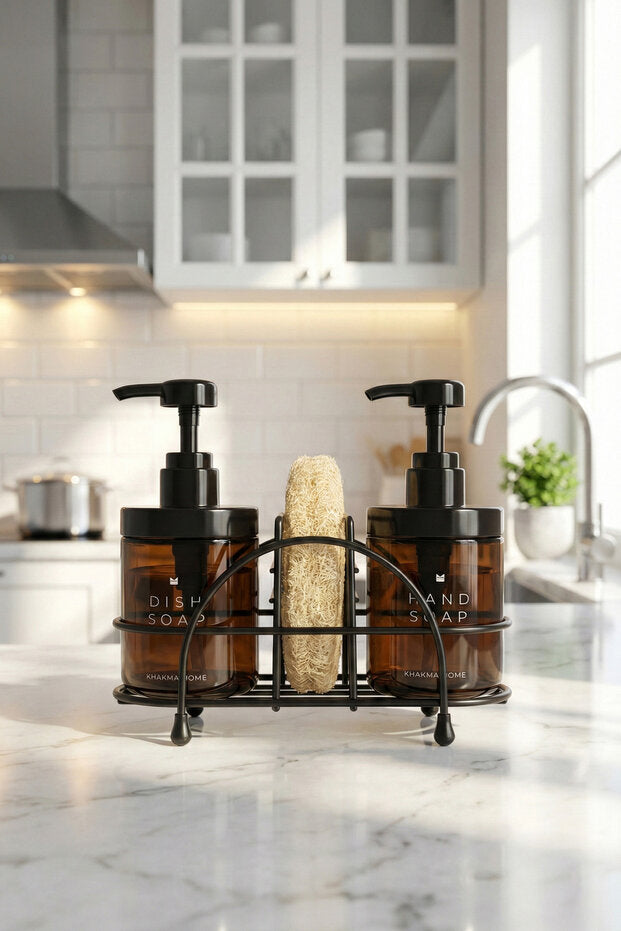 Amber 2 Piece Glass Soap Dish Set – with Black Metal Stand