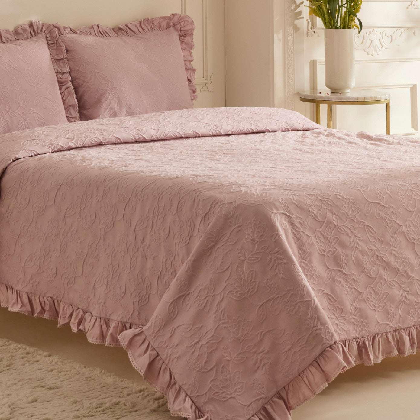 White Collection Tyra 100% Cotton Double Bedspread Powder