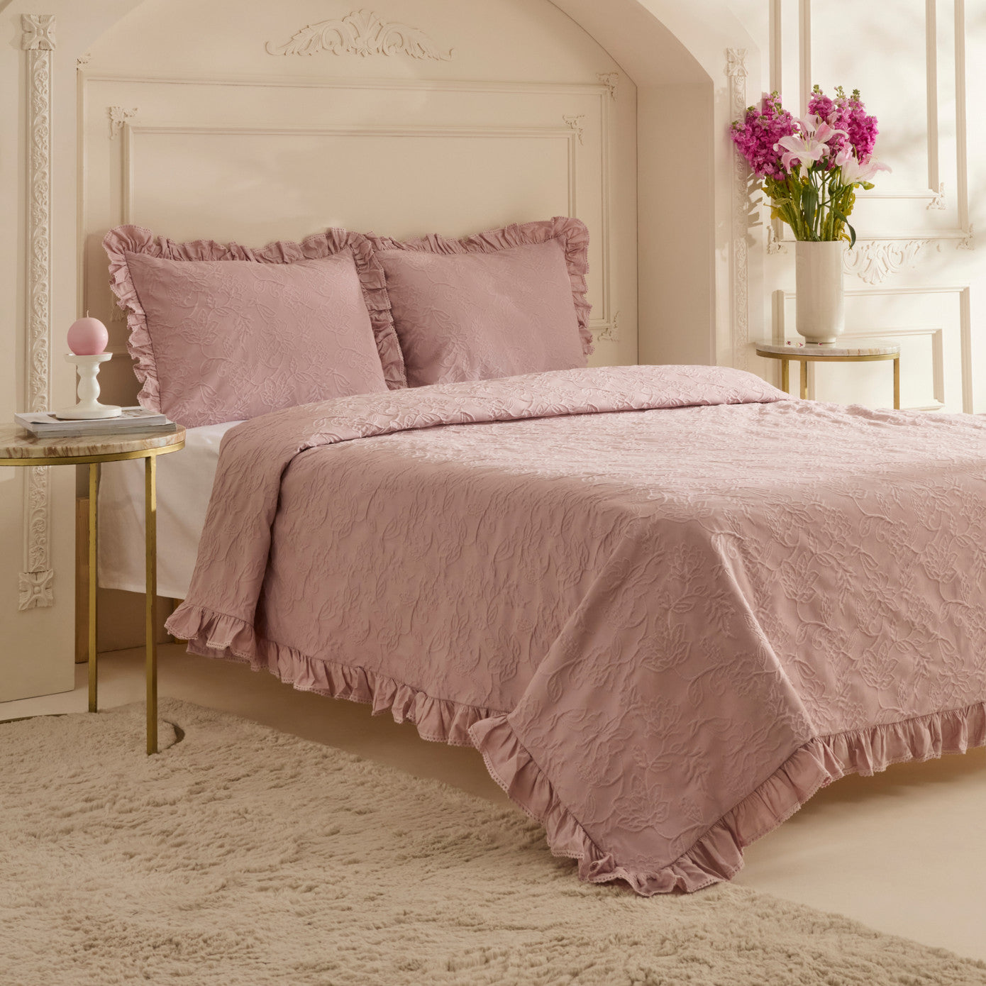 White Collection Tyra 100% Cotton Double Bedspread Powder
