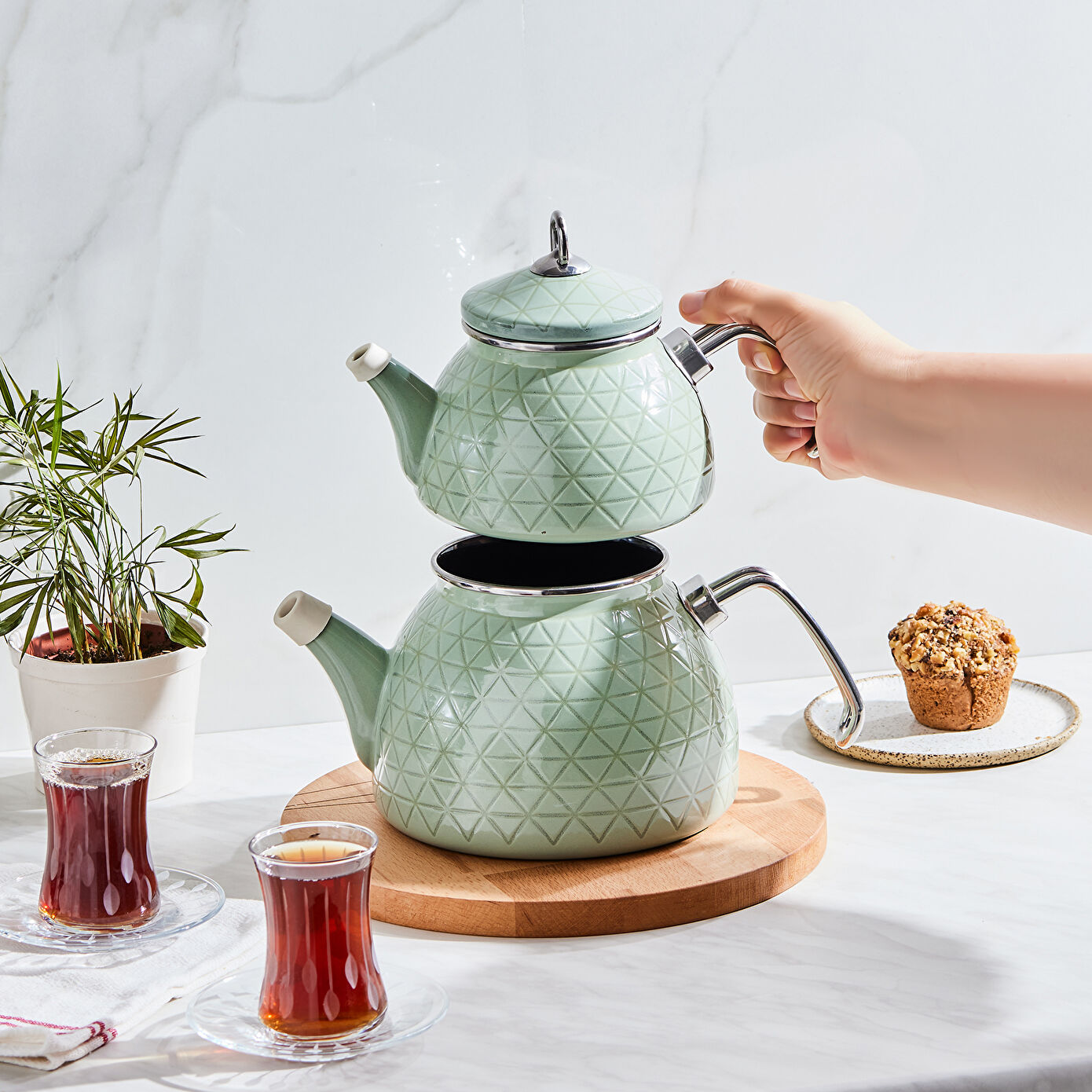 Crystal Induction Based Enamel Midi Teapot Set - Green