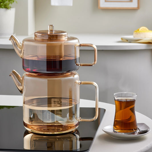 Flat Borosilicate Glass Teapot Amber
