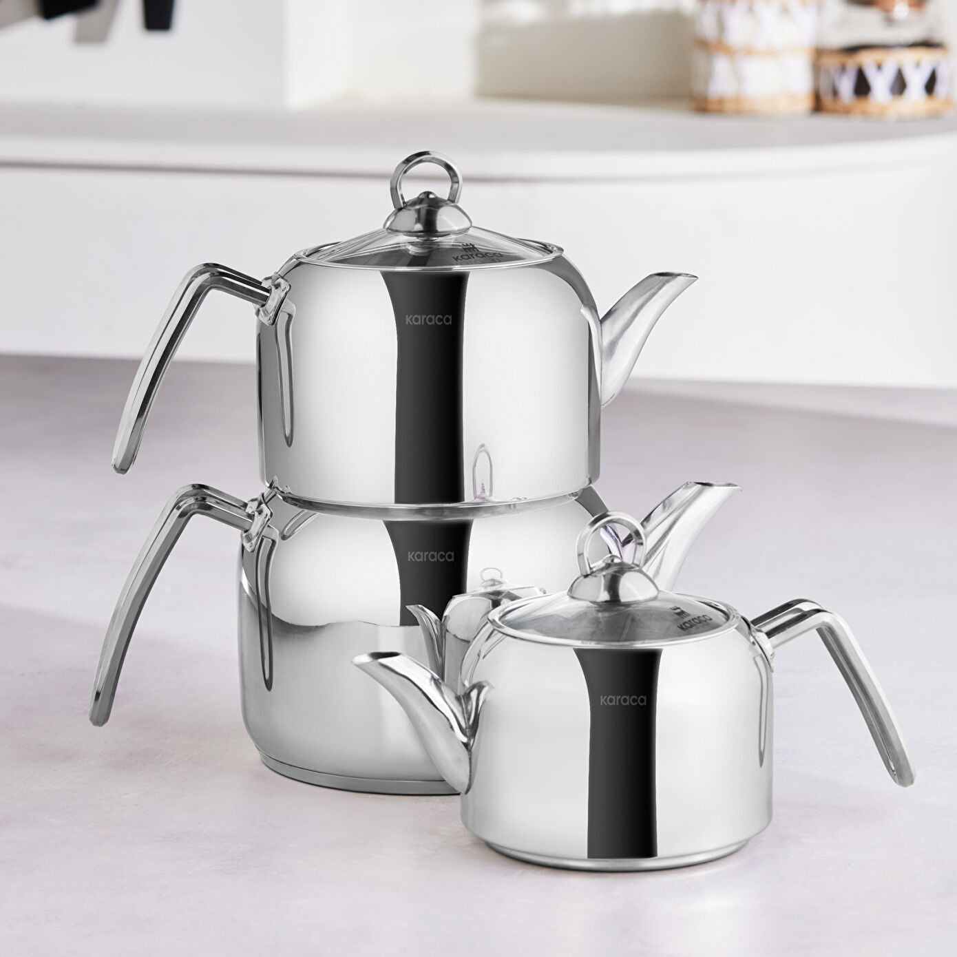 Karaca Tres Metal Teapot Set of 3 with Induction Base