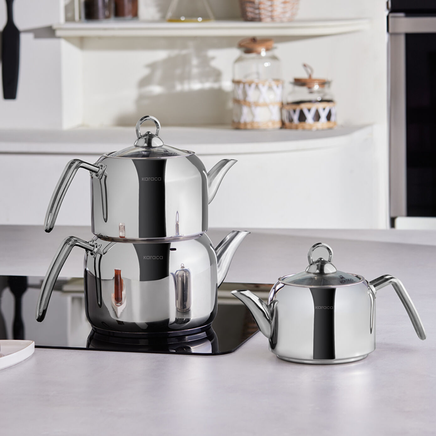 Karaca Tres Metal Teapot Set of 3 with Induction Base