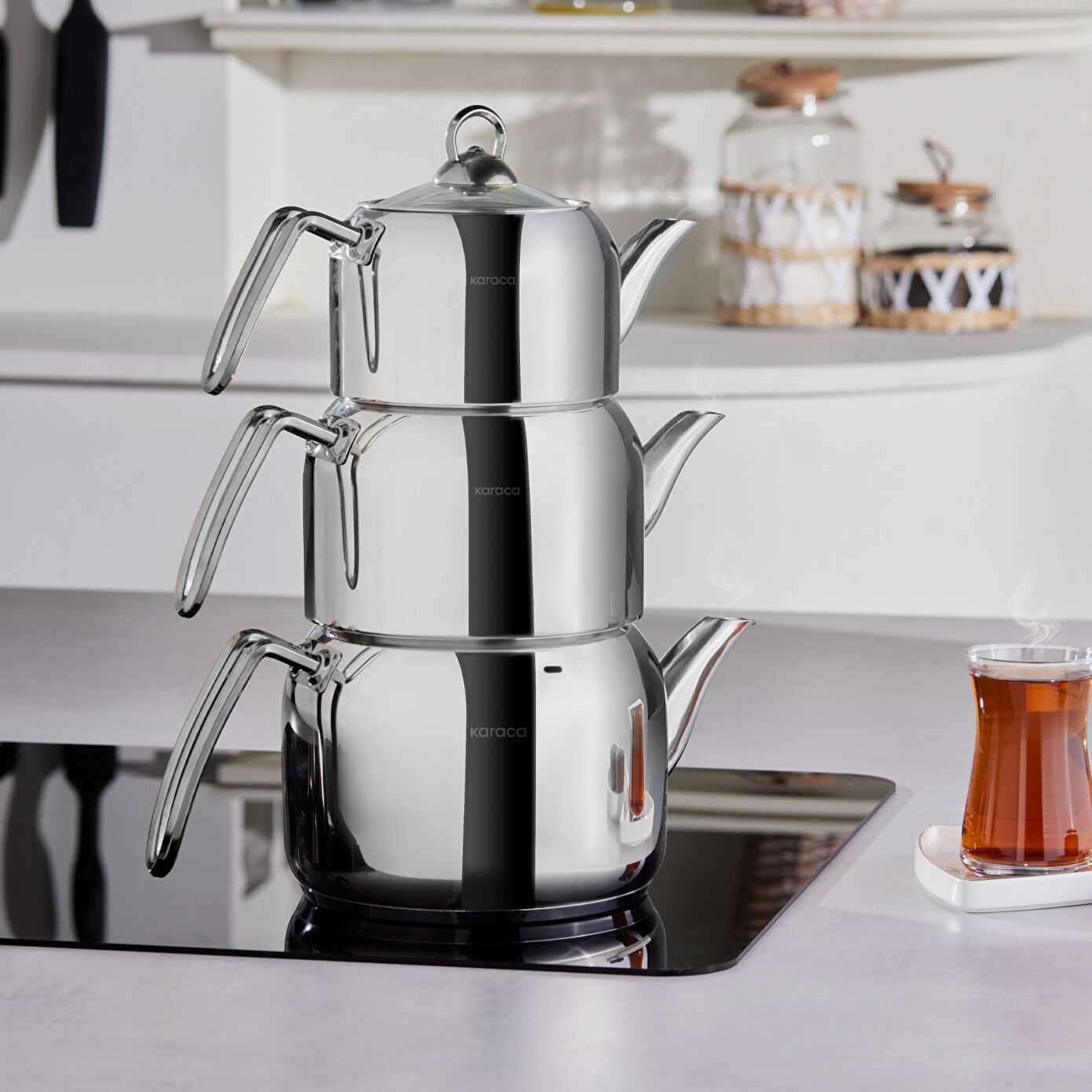 Karaca Tres Metal Teapot Set of 3 with Induction Base