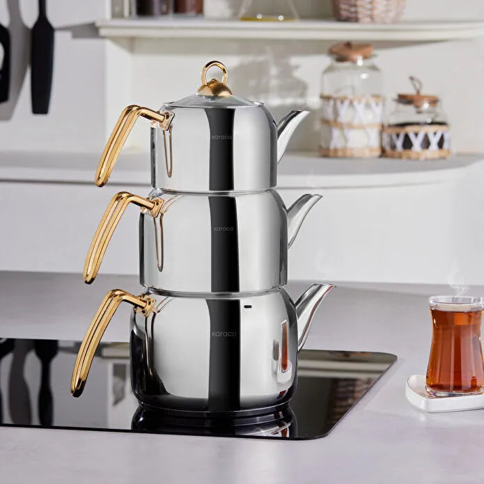 Tres Metal Teapot Set of 3 with Induction Base Gold