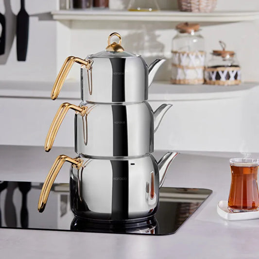 Karaca Tres Metal Teapot Set of 3 with Induction Base Gold