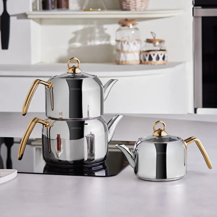 Tres Metal Teapot Set of 3 with Induction Base Gold