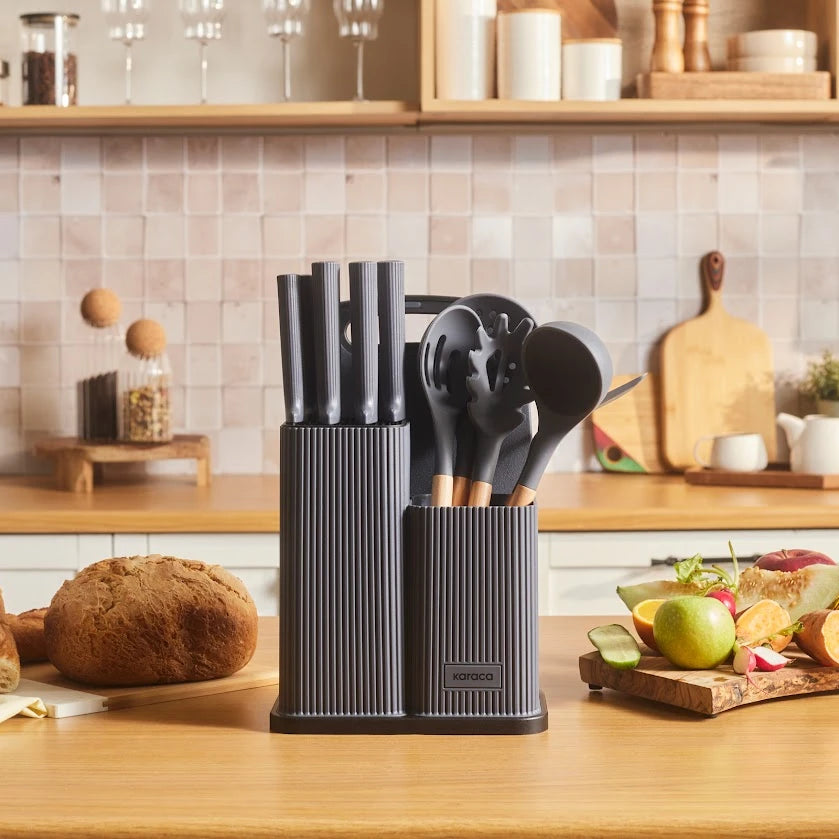 Karaca Massimo 12-Piece Knife Set with Cutting Board and Serving Set, Anthracite