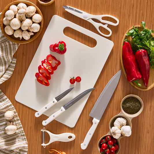 Karaca Sharp 4 in 1 6 Piece Cutting Board Knife Set Cream