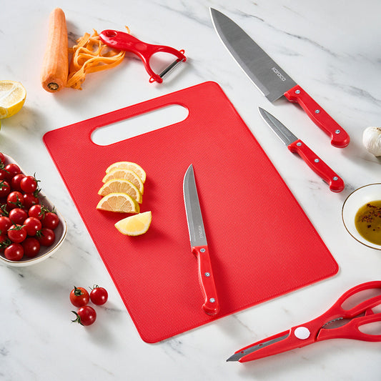 Karaca Sharp 4 in 1 6 Piece Cutting Board Knife Set Red