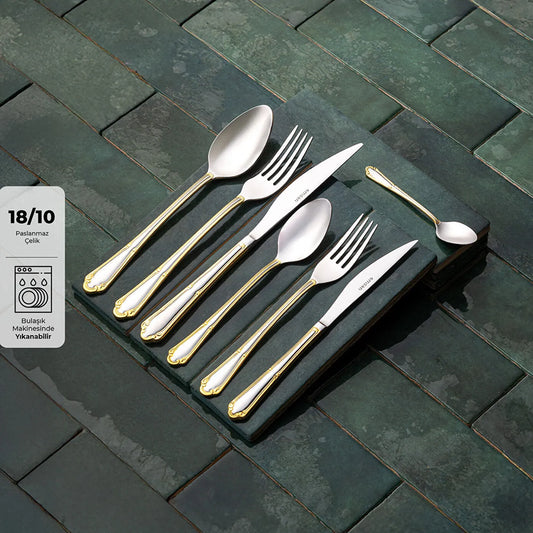 Elegance Göksu Gold 84 Piece Luxury Boxed Cutlery Set for 12 People