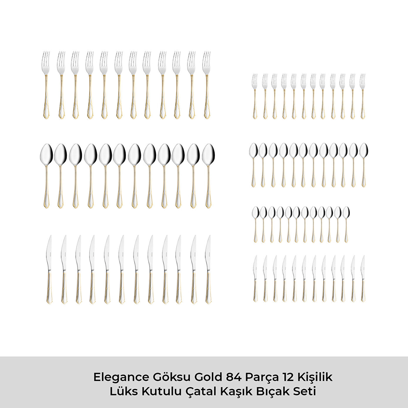 Elegance Göksu Gold 84 Piece Luxury Boxed Cutlery Set for 12 People