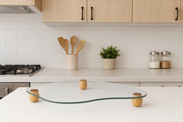 Curved Glass Tray with Wooden Ball Base