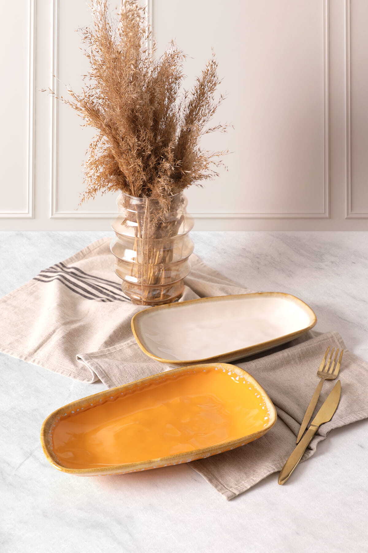 Shizen Yellow/Cream Tetra Boat-Shaped Plate 28 cm 2 Pieces