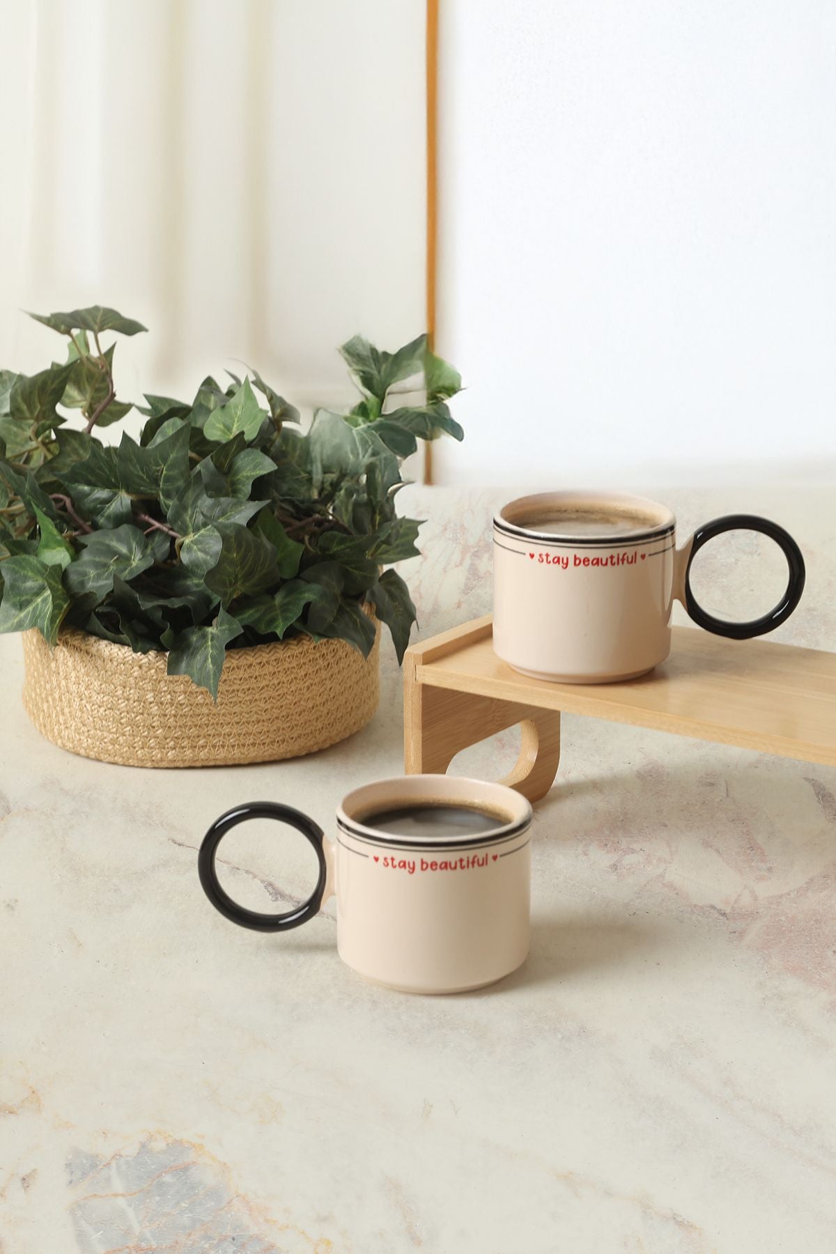 Stay Beautiful Black Mugs Stackable Ring Handle Cup 2 Pieces