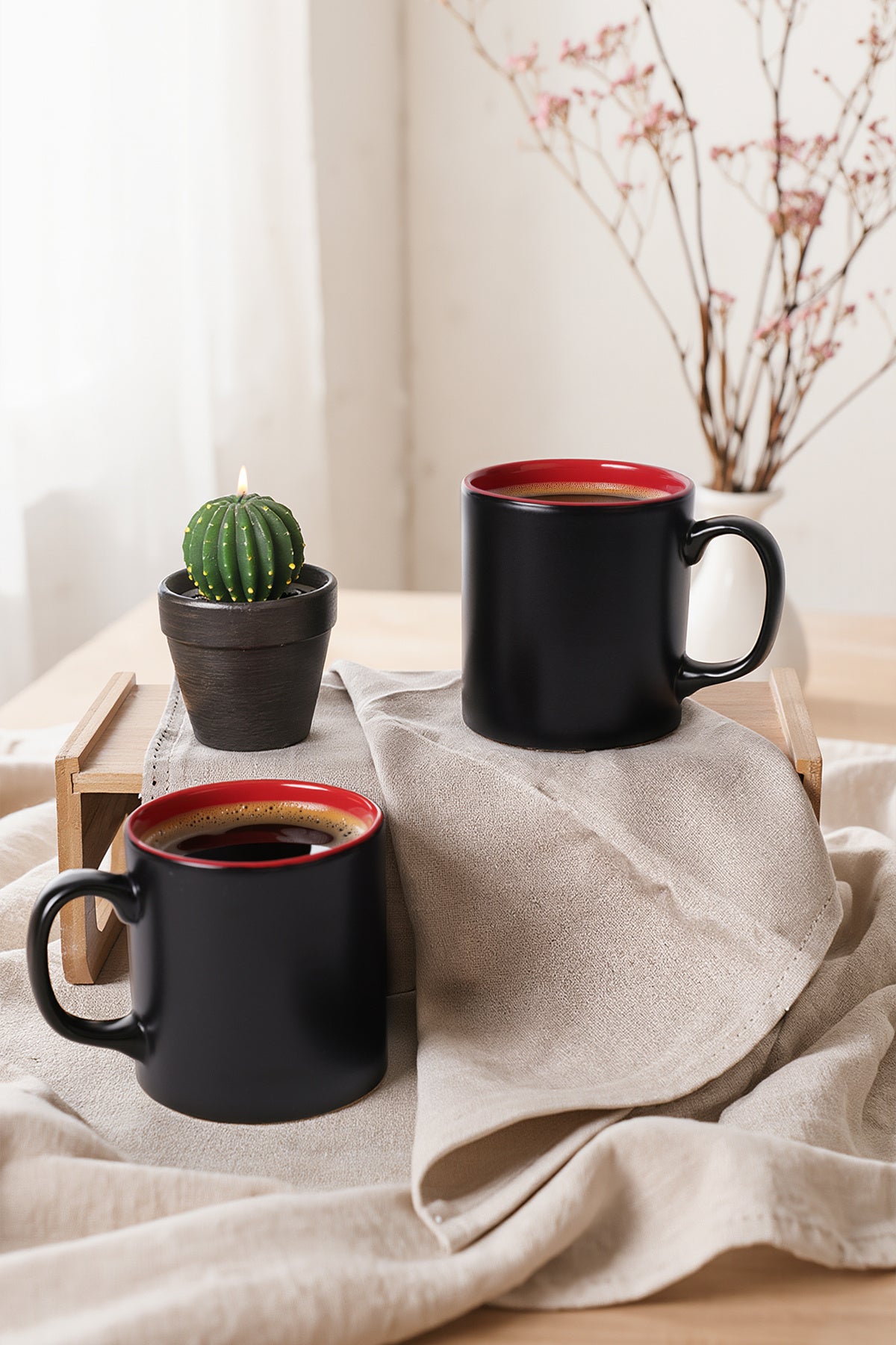 Matte Black / Red Cylindrical Mug, 10 cm, 2 Pieces