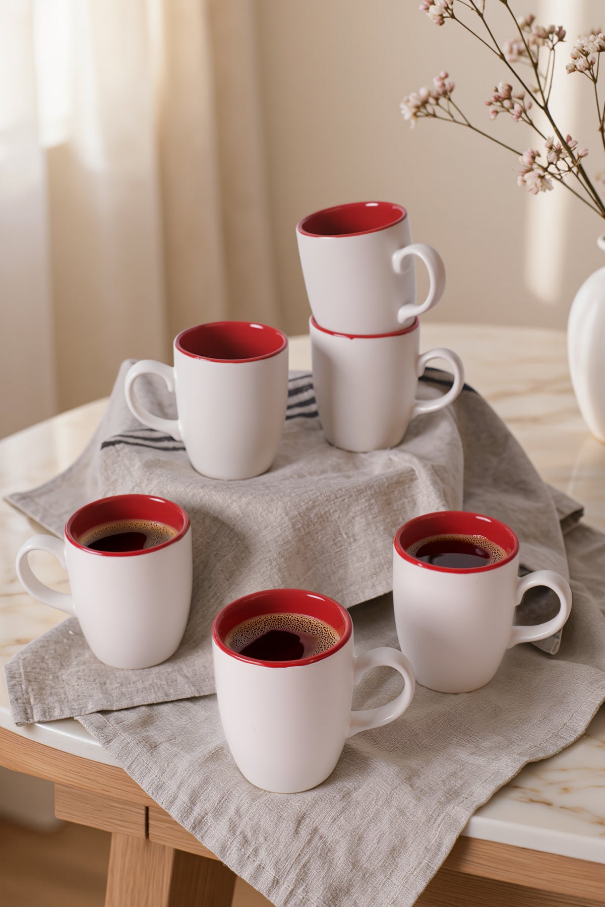 Matte White / Red Cloud Mug, 9 cm, 6 Pieces