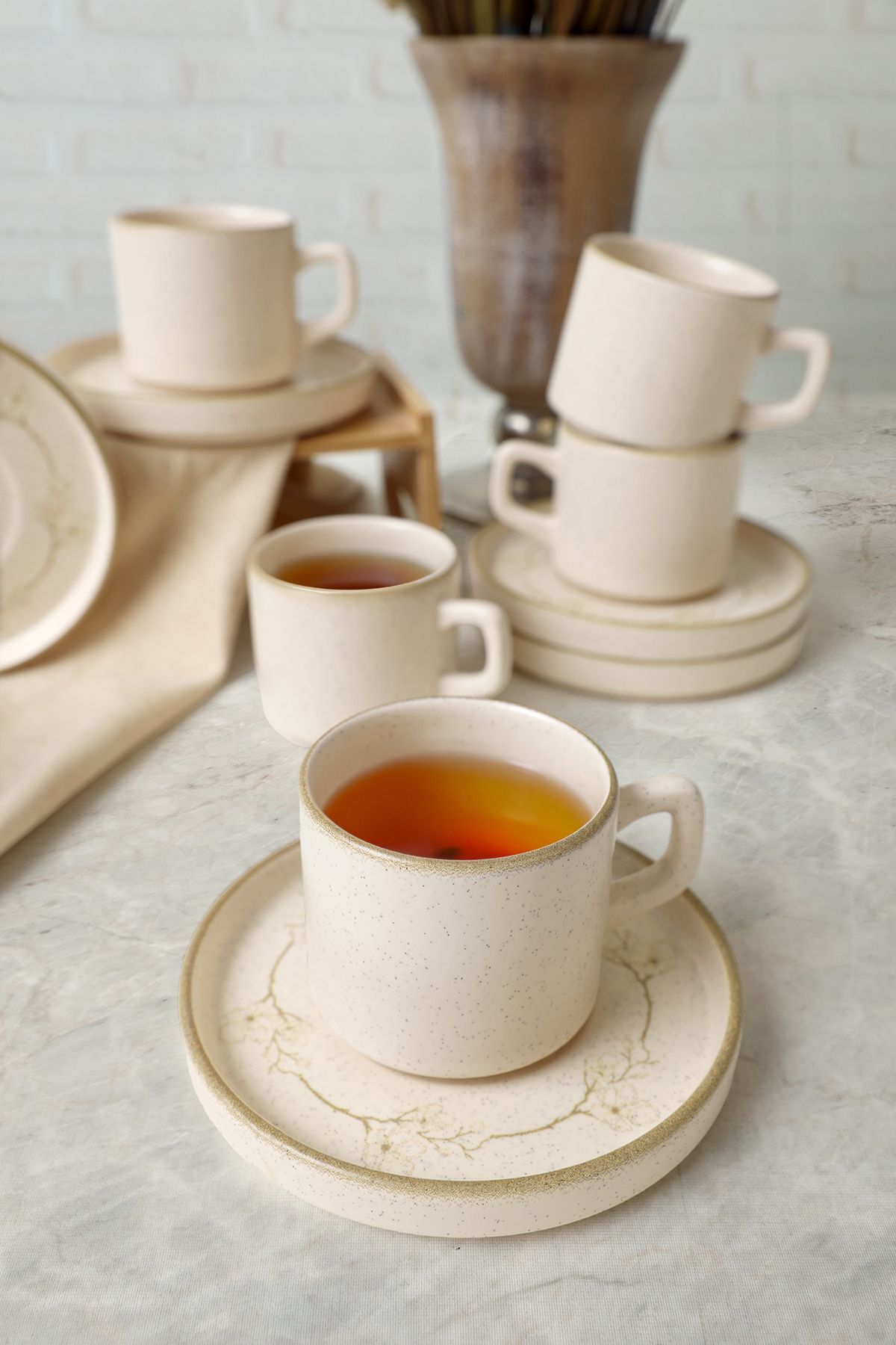 Taupe Bloom Stackable Tea Set 12 Pieces for 6 People