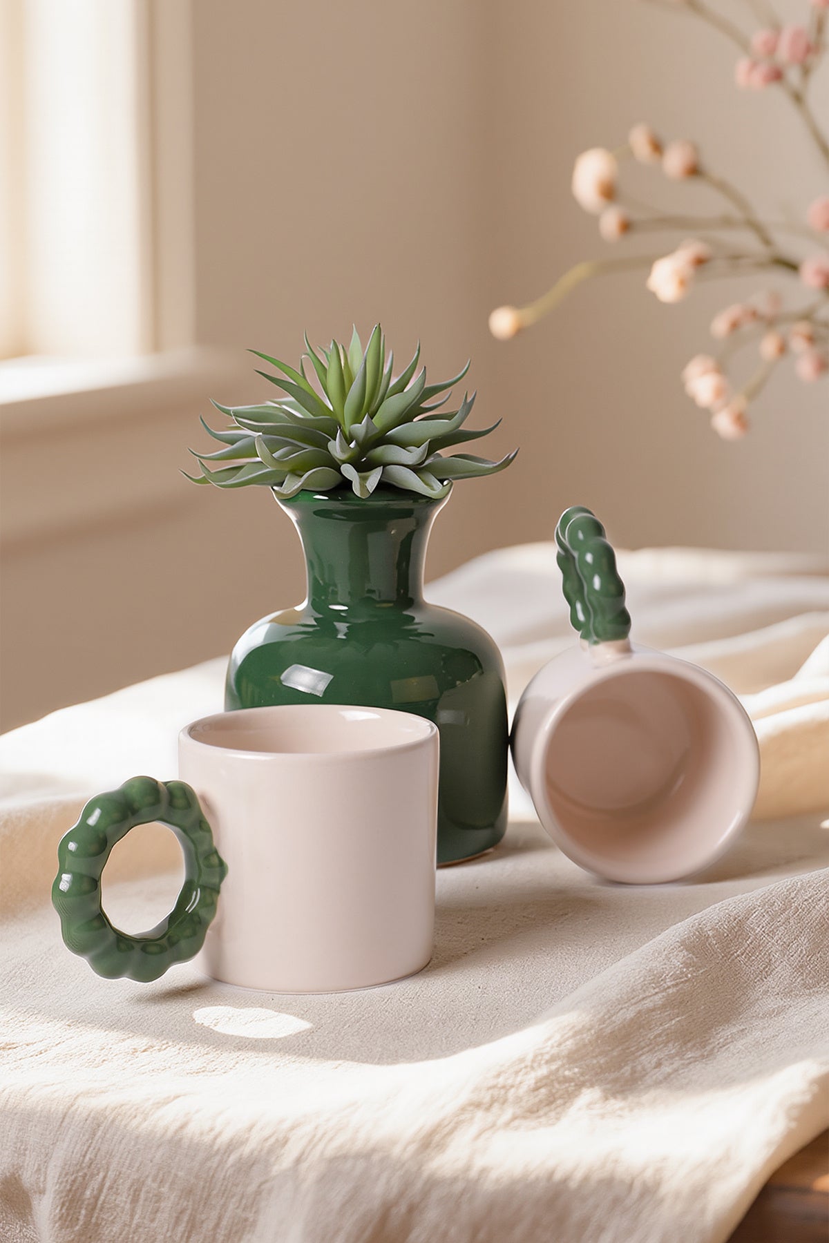 Cream Pearl Mug with Green Handle, 8 cm, 2 Pieces