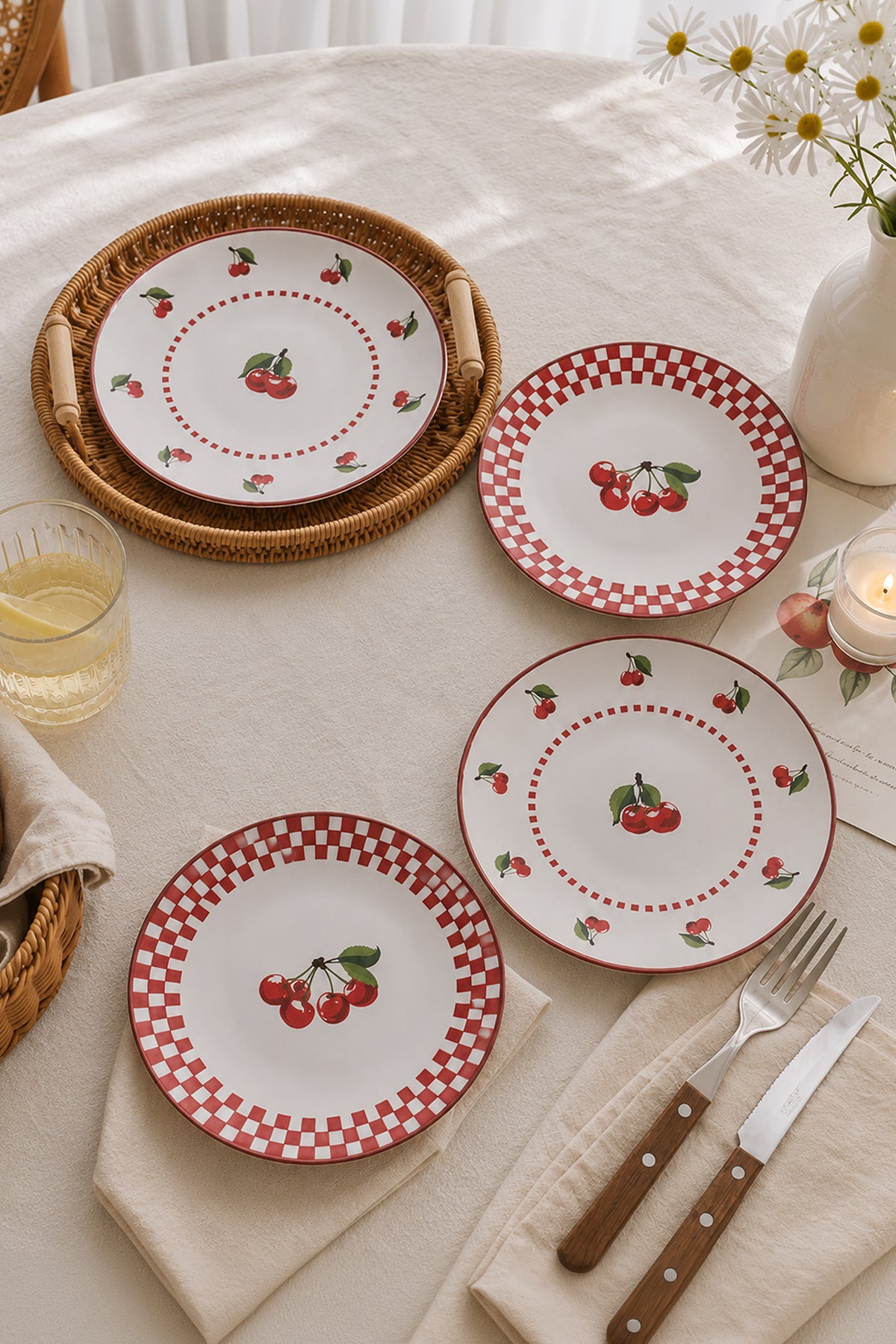 Plaid Cherry Plate 20 cm 4 Pieces