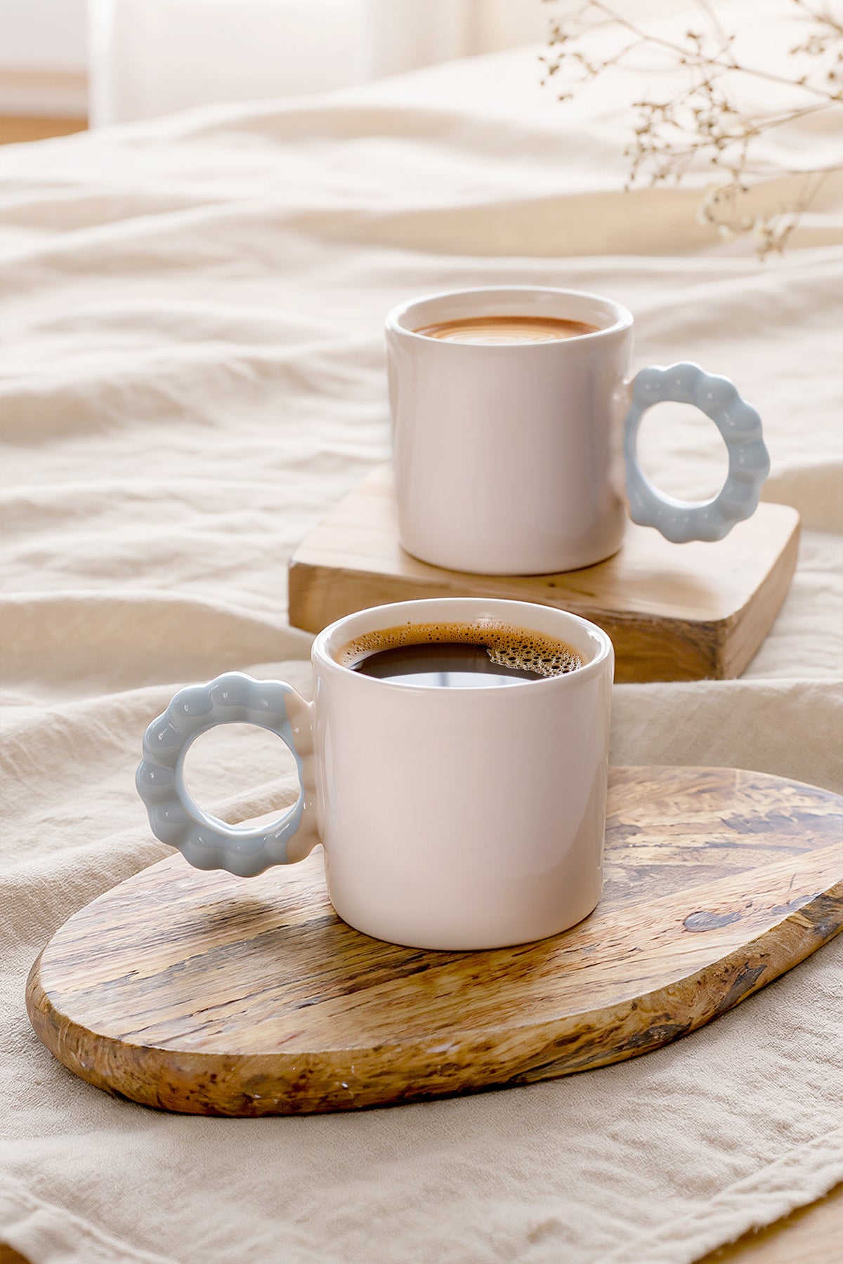 Cream Pearl Mug with Blue Handle, 8 cm, 2 Pieces