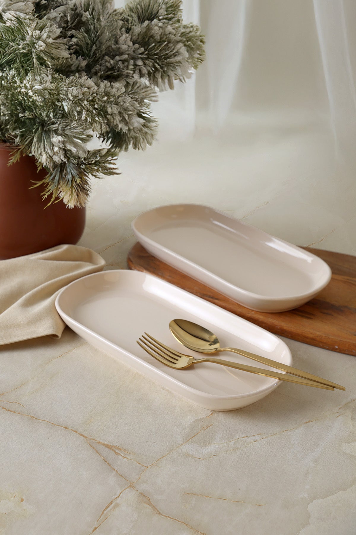 Cream Noyan Boat-Shaped Plate 28 cm 2 Pieces