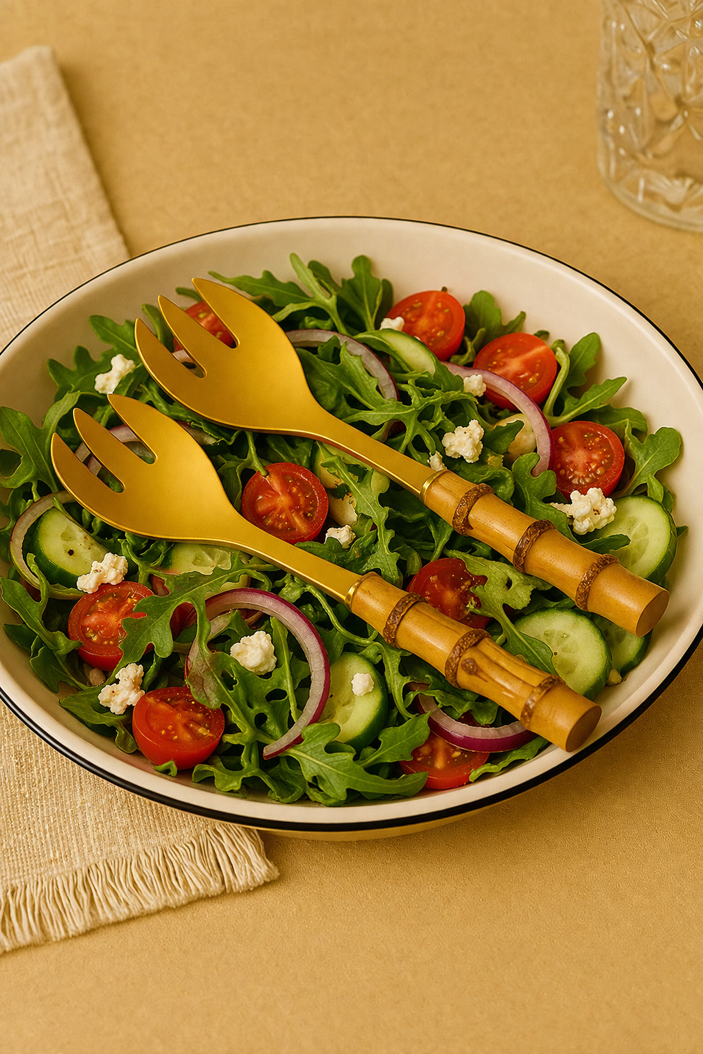 2 Piece Salad Serving Fork Set with Bamboo Handles - Gold