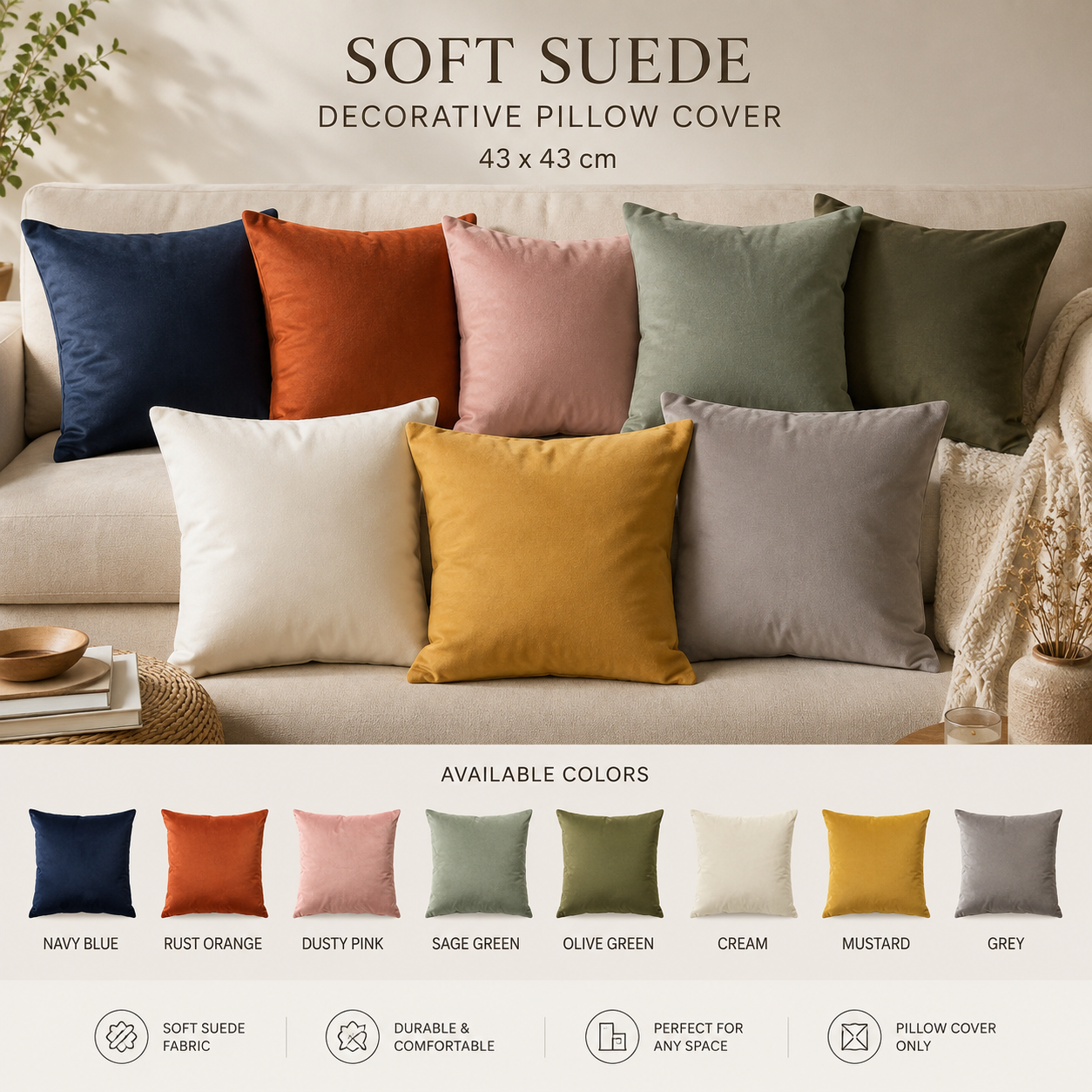 Soft Suede Decorative Pillow Cover 43×43 cm