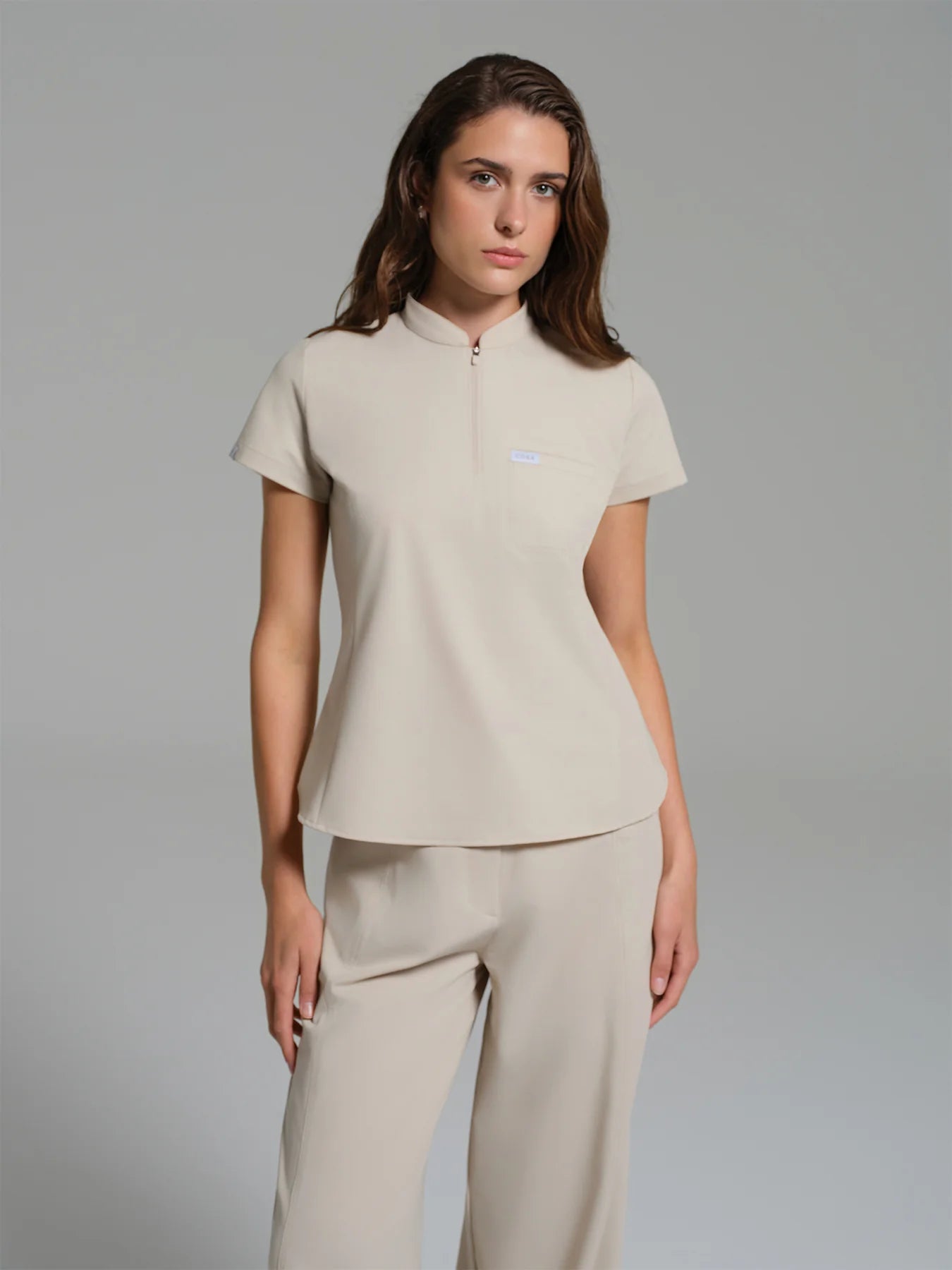 Cosa Atria® Women's Mandarin Collar Top - Light Beige