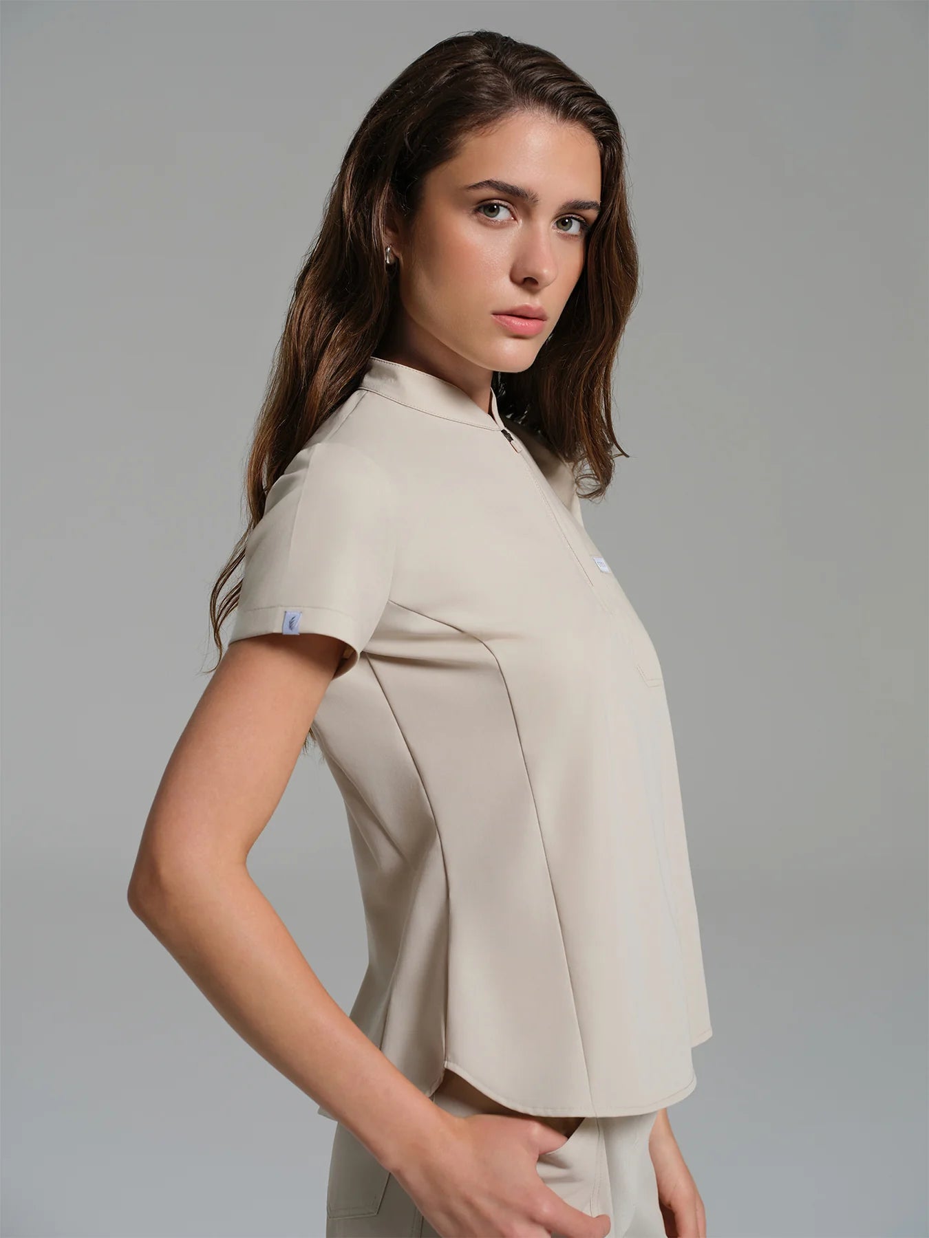 Cosa Atria® Women's Mandarin Collar Top - Light Beige