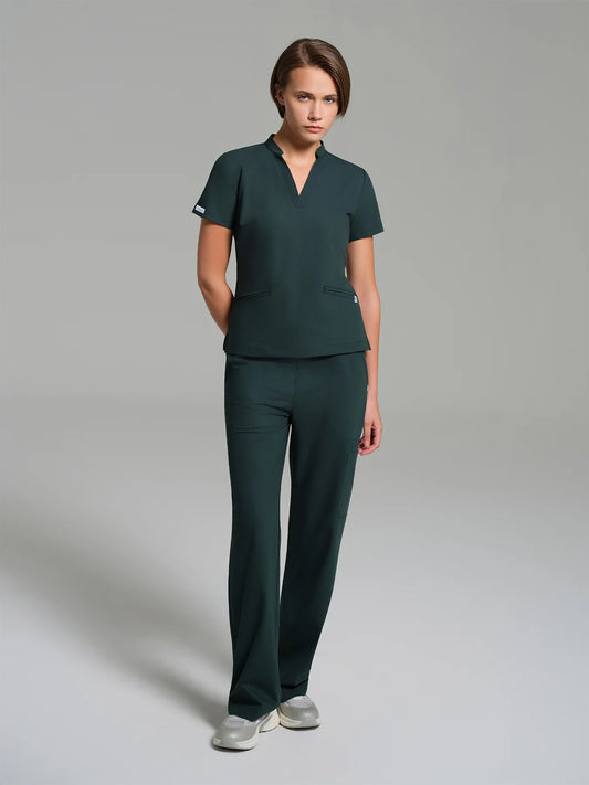 Cosa Lena® Women's V-Neck Mandarin Top - Petrol Green