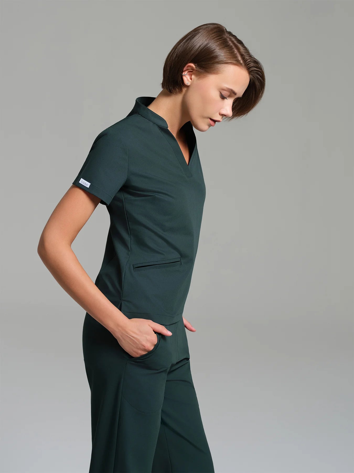 Cosa Lena® Women's V-Neck Mandarin Top - Petrol Green