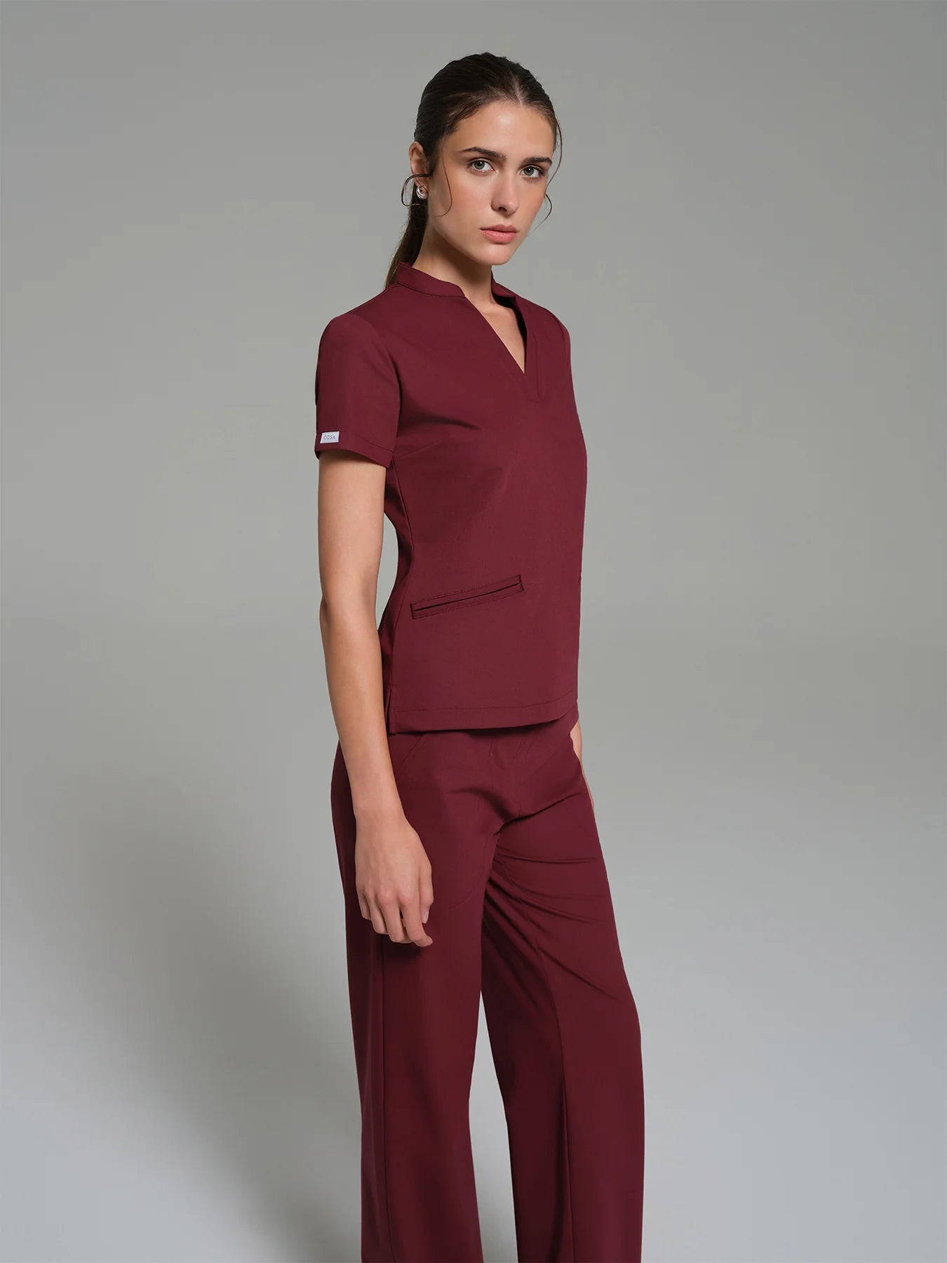 Cosa Lena® Women's V-Neck Mandarin Top - Burgundy