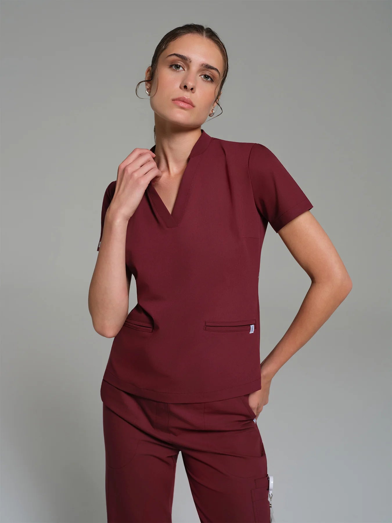 Cosa Lena® Women's V-Neck Mandarin Top - Burgundy