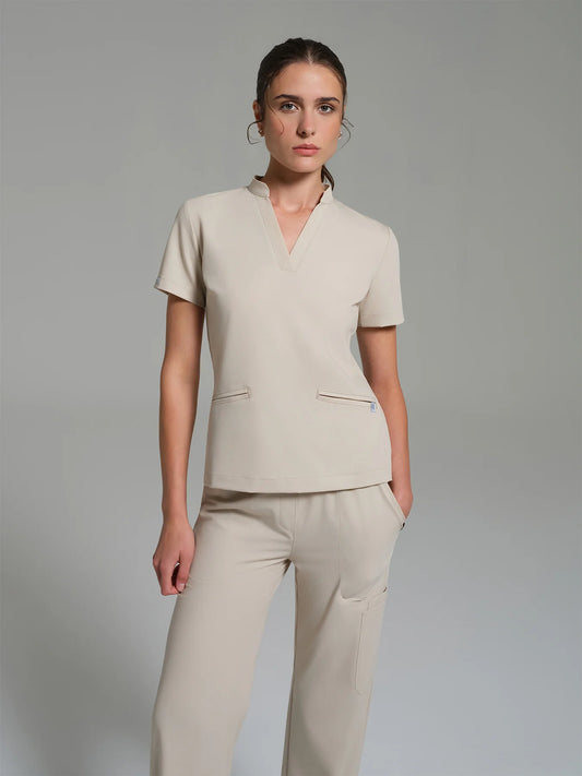 Cosa Lena® Women's V-Neck Mandarin Top - Light Beige