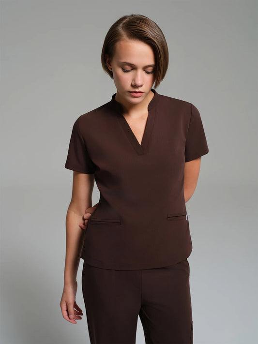 Cosa Lena® Women's V-Neck Mandarin Top - Brown