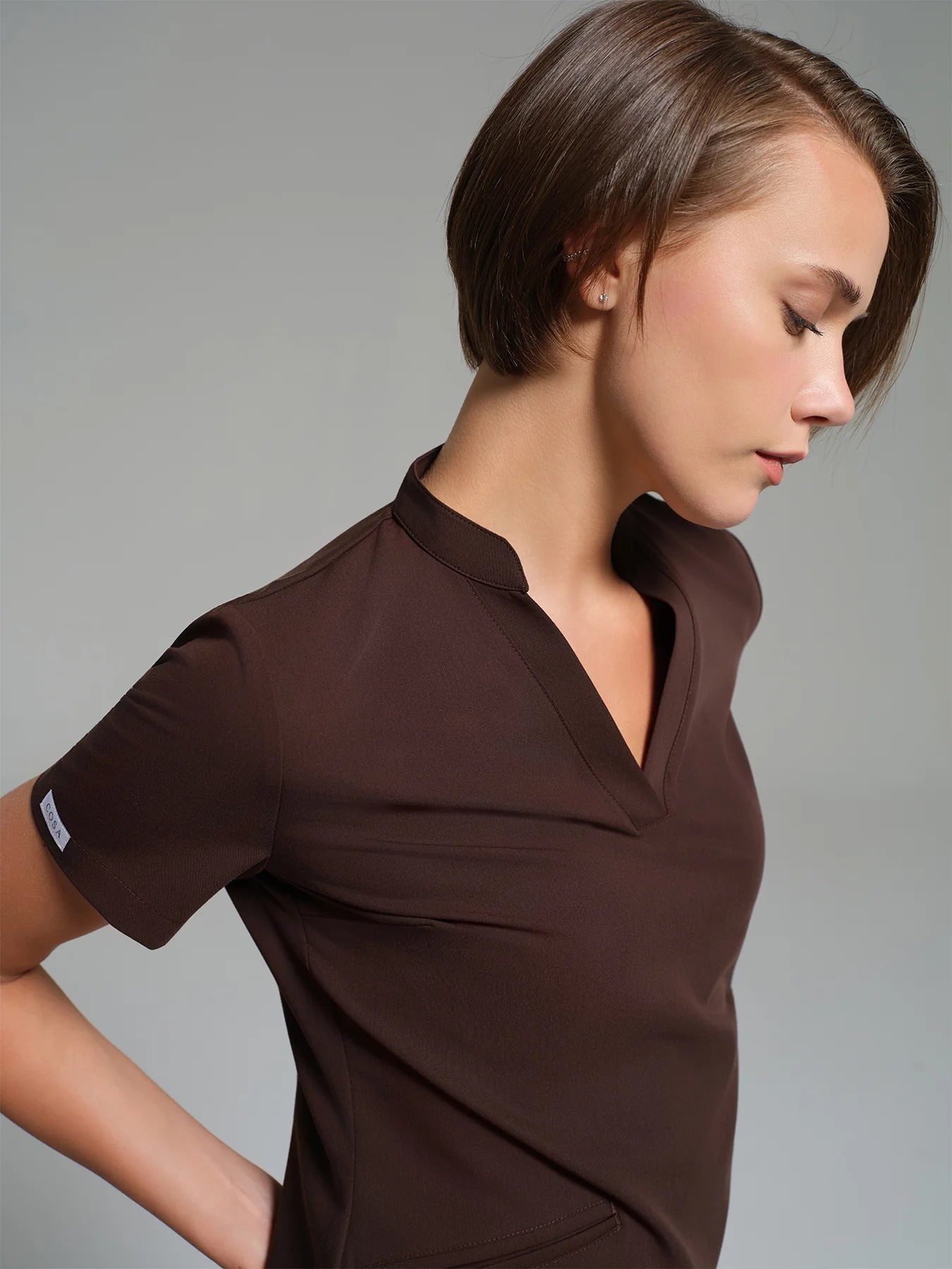 Cosa Lena® Women's V-Neck Mandarin Top - Brown