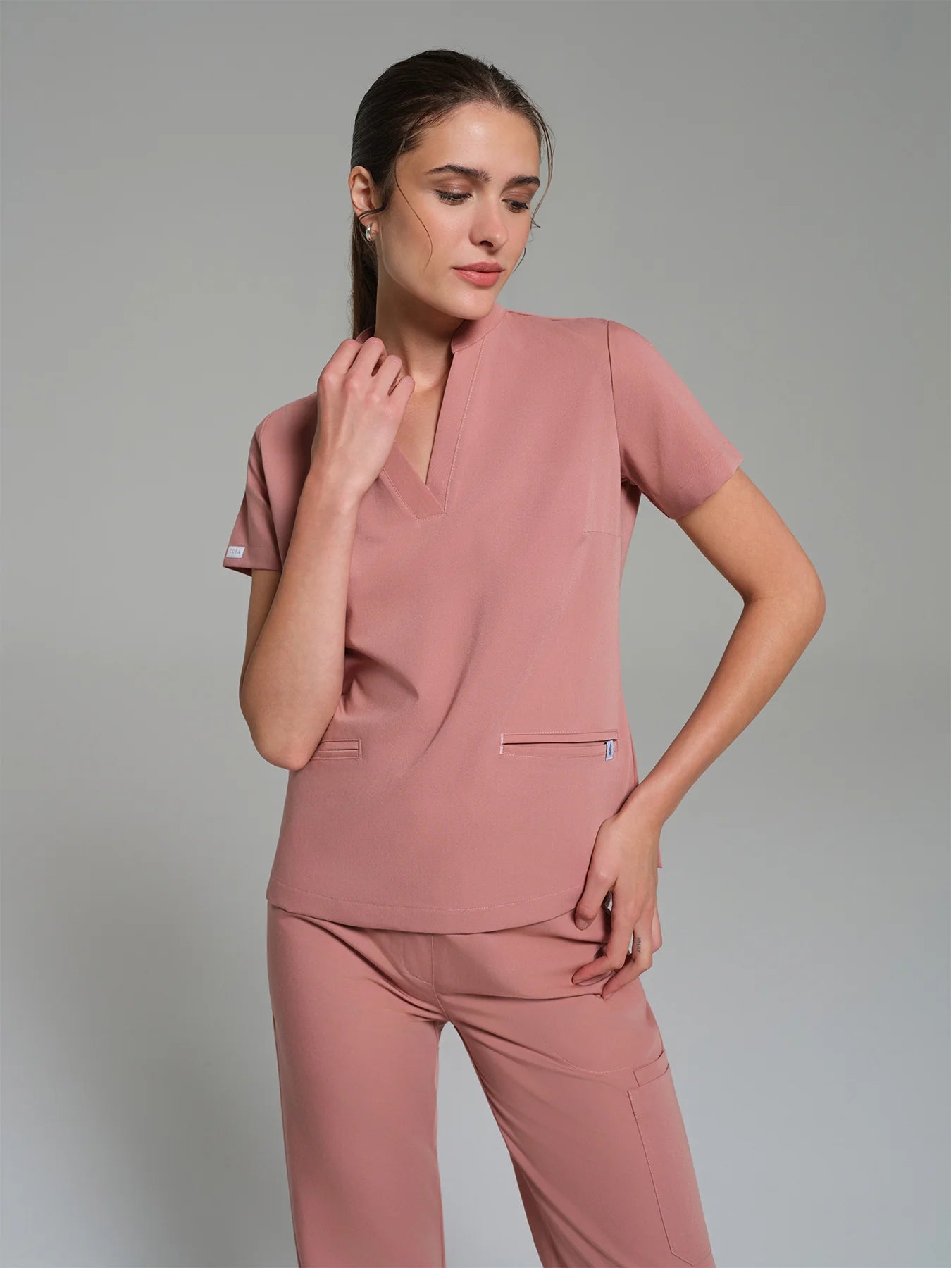 Cosa Lena® Women's V-Neck Mandarin Top - Powder