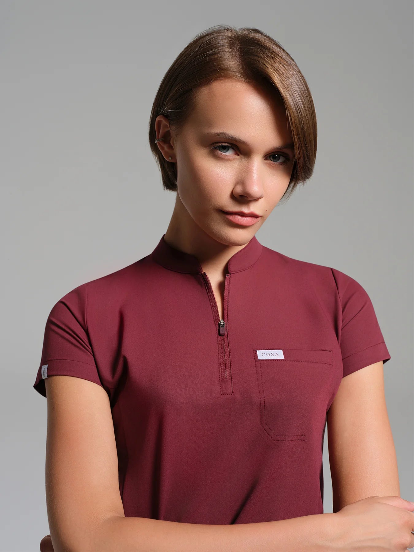 Cosa Atria® Women's Mandarin Collar Top - Burgundy