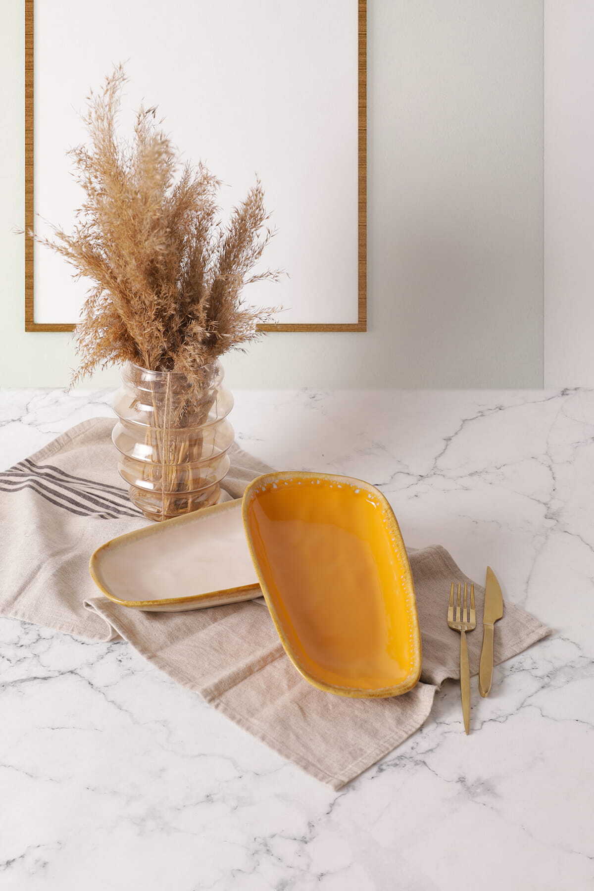 Shizen Yellow/Cream Tetra Boat-Shaped Plate 28 cm 2 Pieces