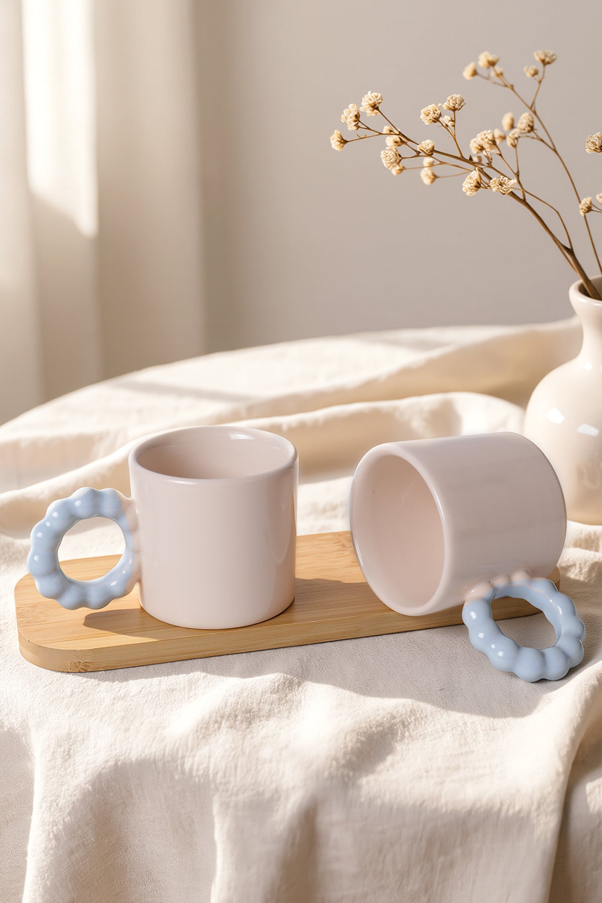 Cream Pearl Mug with Blue Handle, 8 cm, 2 Pieces