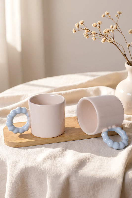 Cream Pearl Mug with Blue Handle, 8 cm, 2 Pieces