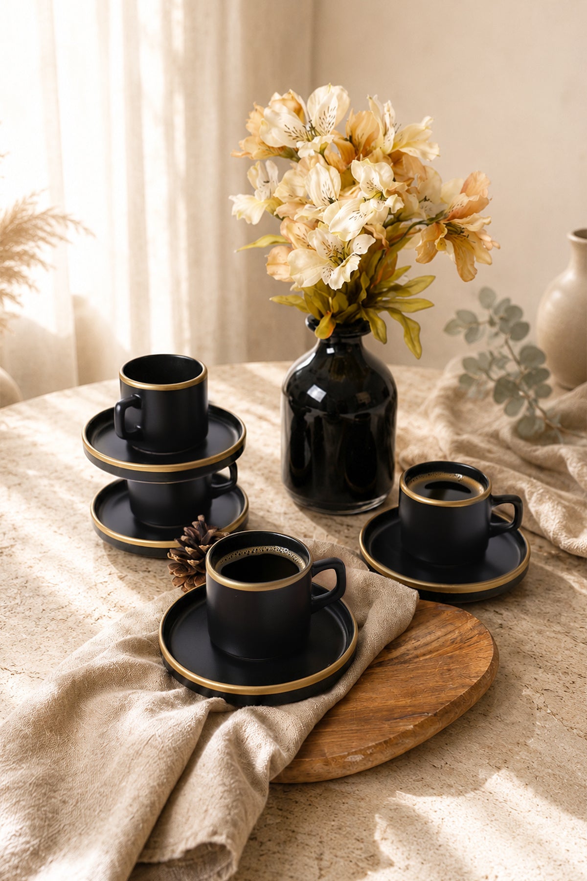 Matte Black Gold Mesh Stackable Tea Set, 8 Pieces, for 4 People