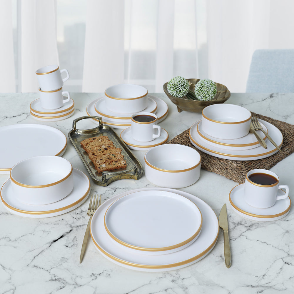 Matte White Gold Netted Stackable Dinner/Breakfast Set 20 Pieces for 4 People