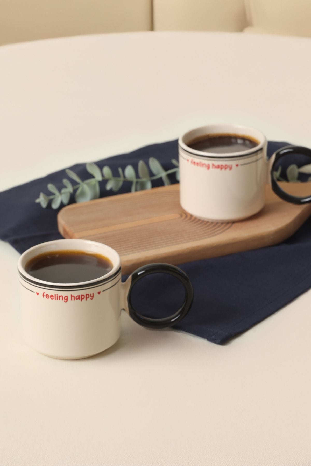 Feeling Happy Black Mugs Stackable Ring Handle Cup 2 Pieces